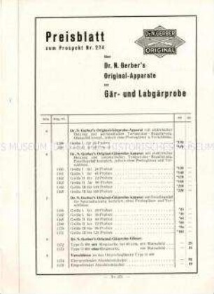 Preisblatt zum Prospekt Nr. 274 über Dr. N. Gerber`s Original-Apparate zur Gär- und Labgärprobe / Nr. 275