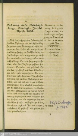 V. Ordnung aufn Gewsingsberge, Sontags, Jacobi Apost. 1491