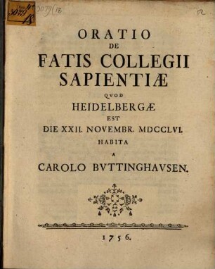 Oratio de fatis Collegii Sapientiae quod Heidelbergae est