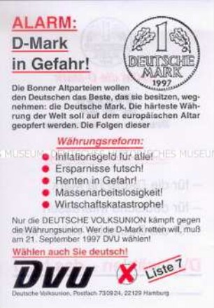 Handzettel der DVU zur Hamburger Bürgerschaftswahl 1997 mit Polemik gegen den Euro