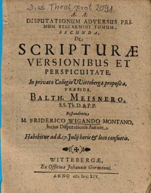 Disputationum Adversus Primum Bellarmini Tomum Secunda, De Scripturae Versionibus Et Perspicuitate
