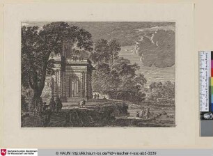 [Ein Tempel, aus einer Pfütze trinkende Kühe rechts; A temple, cows drinking in a pool at the right]