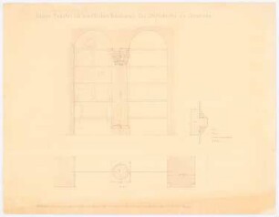 Stiftskirche, Gernrode Restaurierung: Nördlicher Kreuzarm, untere Fenster: Ansicht, Schnitt, Grundriss, Maßstabsleiste (Rheinländ. Fuß) (Durchzeichnung ?)