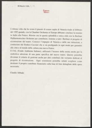 Kurzer Text von C. Abbado über Venedig und das "Teatro La Fenice"