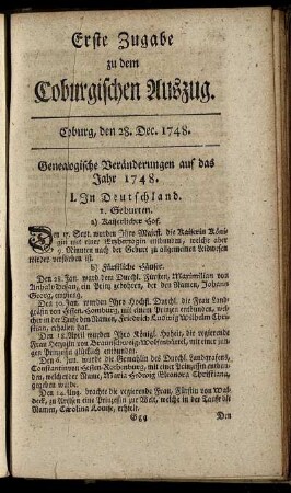 Erste Zugabe zu dem Coburgischen Auszug. Coburg, den 28. Dec. 1748.