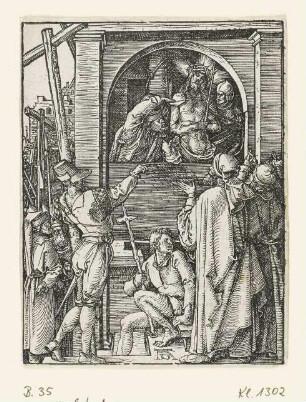 Schaustellung Christi, Blatt 20 aus: Albrecht Dürer, "Passio Christi ab Alberto Durer Nurenbergensi effigiata cum varij generis carminibus Fratris Benedicti Chelidonij Musophili", Nürnberg 1511, S. Ciiij