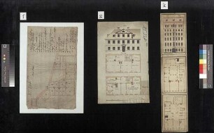 Grundriss Erdgeschoss und erstes Obergeschoss sowie Aufriss einer Außenseite eines unbekannten Hauses