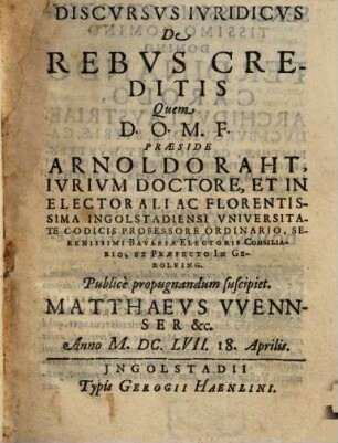 Discvrsvs Ivridicvs De Rebvs Creditis
