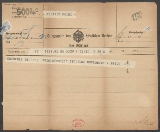 Brief an B. Schott's Söhne : 29.10.1902