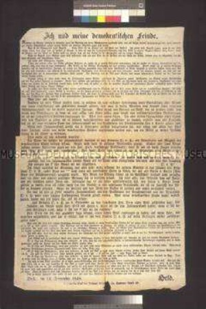 Maueranschlag: Ich und meine demokratischen Feinde. Flugschrift von F. W. Held; Berlin, 12. September 1848