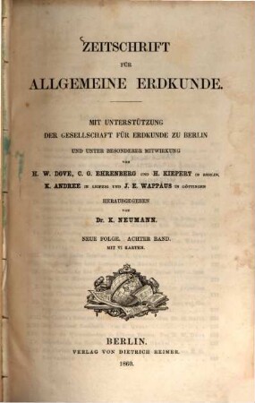 Zeitschrift für allgemeine Erdkunde. 8, 8. 1860