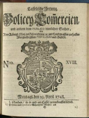 Nro. XVIII, Montags, den 29. April 1748