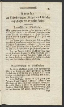 Beyträge zur Nürnbergischen Kirchen- und Gelehrtengeschichte des 1780sten Jahrs