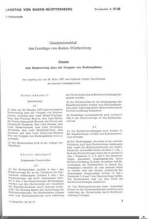 Gesetz zum Staatsvertrag über die Vergabe von Studienplätzen