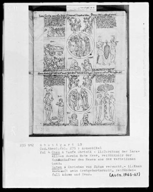 Armenbibel — Bildseite mit zwei Gruppen von typologischen Szenen, Folio 4recto