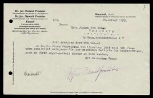 Brief von Roland Freisler an Hans-Jürgen von Bülow vom 20.01.1933