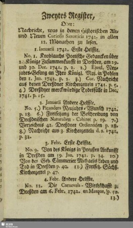 Zweytes Register, Oder Nachricht, was in denen Historischen Alt- und Neuen Curiosis Saxonicis 1742. in allen 12. Monathen zu lesen