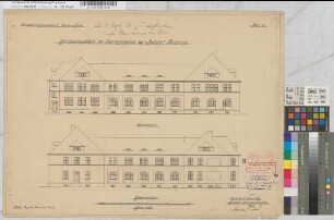 Abfertigungsgebäude des Güterschuppens auf Bahnhof Duisburg, Blatt 5: Vorder- und Hinteransicht, M. 1:100 Hga, Sknr.: 1, Fanr.: 7, Bunr.: 5