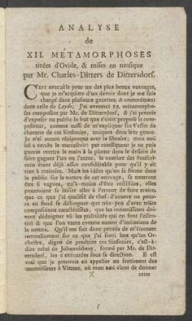 Analyse de XII. Métamorphoses : tirées d'Ovide, & mises en musique par Mr. Charles-Ditters de Dittersdorf