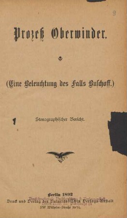 Prozeß Oberwinder : (eine Beleuchtung des Falls Buschoff) : stenographischer Bericht