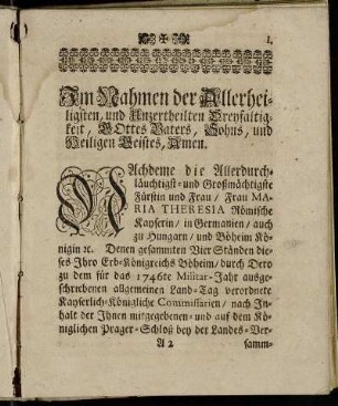 Im Nahmen der Allerheiligsten, und Unzertheilten Dreyfaltigkeit ...