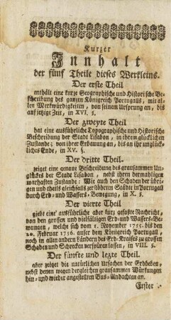 Kurzer Innhalt der fünf Theile dieses Werkleins