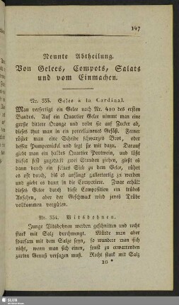 Neunte Abtheilung. Von Gelees, Compots, Salats und vom Einmachen