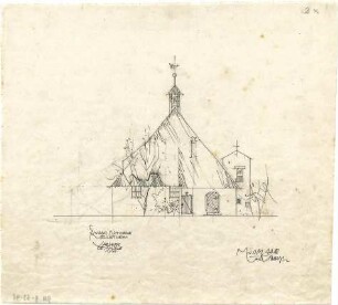 Gsaenger, Gustav; München - Obermenzing, Grünspechtstr. 13; Ev. Notkirche, Bethlehems Kirche, Pfarrhaus - Notkirche, Erweiterung, Variante Ostseite (Ansicht)