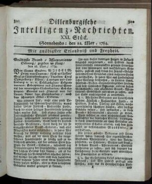XXI. Stück. Sonnabends: den 22. May, 1784.