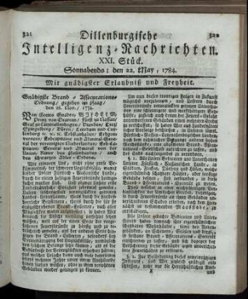 XXI. Stück. Sonnabends: den 22. May, 1784.