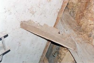 Hörn 23: Hofanlage: Fachwerkdurchfahrtshaus von 1753: in Verfall: Innenansicht, Detailaufnahme: Wand, Kopfband, Deckenbalken, darüber Bretterlage