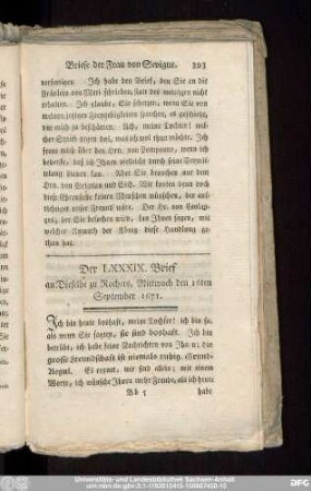 Der LXXXIX. Brief an Dieselbe zu Rochers, Mittwoch den 16ten September 1671.