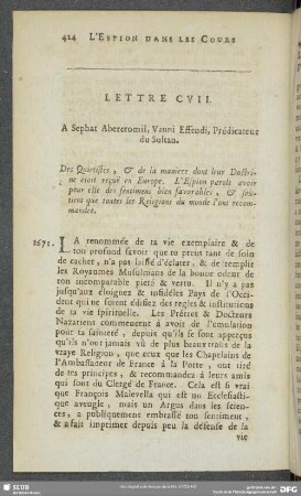 Lettre CVII [i.e. CIX]. A Sephat Abercromil, Vanni Effendi, Prédicateur du Sultan