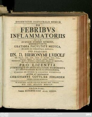 Dissertatio Inavgvralis Medica De Febribvs Inflammatoriis