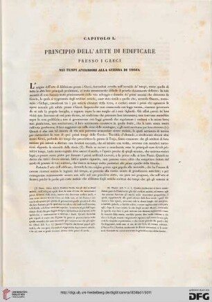 Capitolo I: Principio dell'arte di edificare presso i Greci nei tempi anteriori alla guerra di Troja