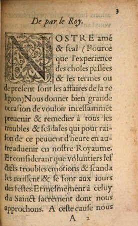 Lettres Dv Roy Nostre Sire, Dressans au Seneschal de Lyon, ou son Lieutenant pour pourueoir à la surté de la procession du S. Sacrement