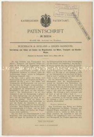 Patentschrift einer Vorrichtung zum Heben und Senken des Wagenkastens von Möbel-, Transport- und Künstler-Wagen, Patent-Nr. 36934