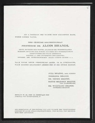 Dokument von Jula Brandl, Theresia Brandl und Georg Brandl an Gerhart Hauptmann