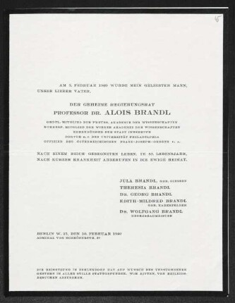 Dokument von Jula Brandl, Theresia Brandl und Georg Brandl an Gerhart Hauptmann