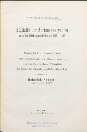 Statistik der Aortenaneurysmen nach den Sektionsprotokollen von 1872 - 1899