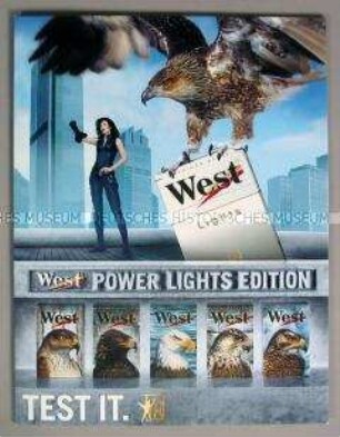 Werbeaufsteller mit Werbeaufdruck für " West lights"-Zigaretten, "POWER LIGHTS EDITION"