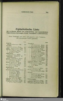 Alphabetische Liste der in diesem Bande neu aufgestellten und hauptsächlich besprochenen Gattungen, Arten, Varietäten u. Aberrationen