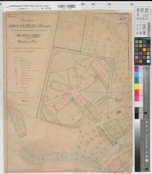 Münster, Strafanstalt. Königliche Straf-Anstalt zu Münster. Die neue Anstalt. Situationsplan. Blatt 1 Kolorierte Zeichnung