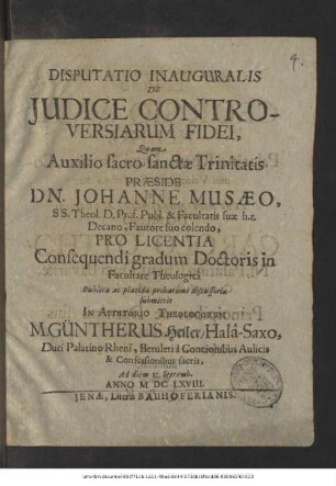 Disputatio Inauguralis De Iudice Controversiarum Fidei