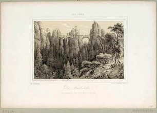 Die steinerne Basteibrücke bei Rathen in der Sächsischen Schweiz von Norden aus dem Wehlgrund
