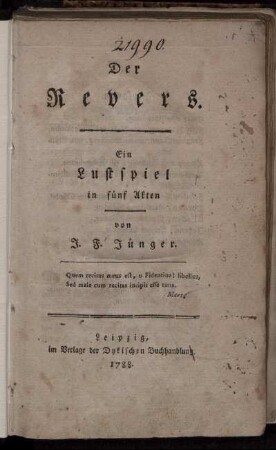Der Revers : Ein Lustspiel in fünf Akten