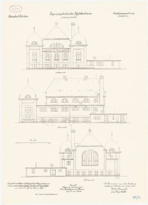 Kadettenhaus der Garnison Potsdam Ergänzungsbauten: Schwimmhalle: Aufriss Nordansicht, Südansicht, Ostansicht 1:100