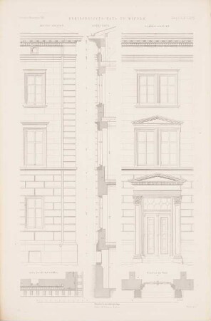 Kreisgericht, Minden: Seitenansicht, Vorderansicht, Fassadenschnitt vertikal, horizontal (aus: Atlas zur Zeitschrift für Bauwesen, hrsg. v. G. Erbkam, Jg. 5, 1855)