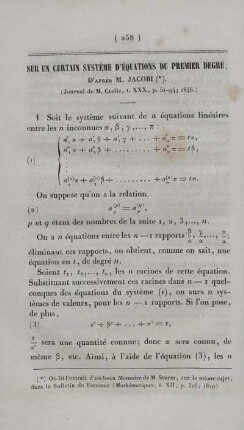 Sur un certain système d´equations du premier degre.