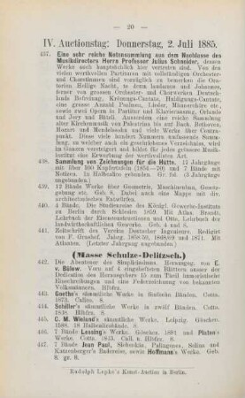 IV. Auctionstag: Donnerstag, 2. Juli 1885